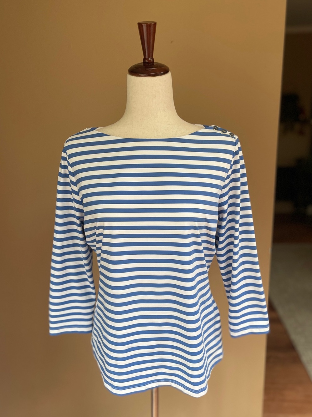 J McLaughlin Catalina Cloth Blouse Top 3/4 Sleeves LARGE Blue Striped Nautical